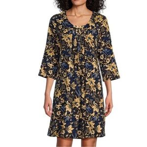 Miss Elaine Micro Velvet 3/4 Sleeve Jacobean Print Short Nightgown